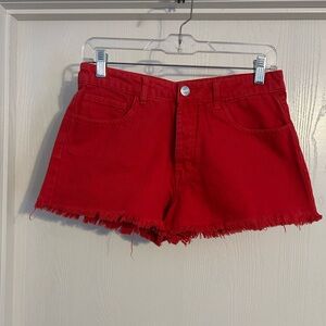 Forever 21 | Red Jean Shorts with Frayed Hem | Size 27